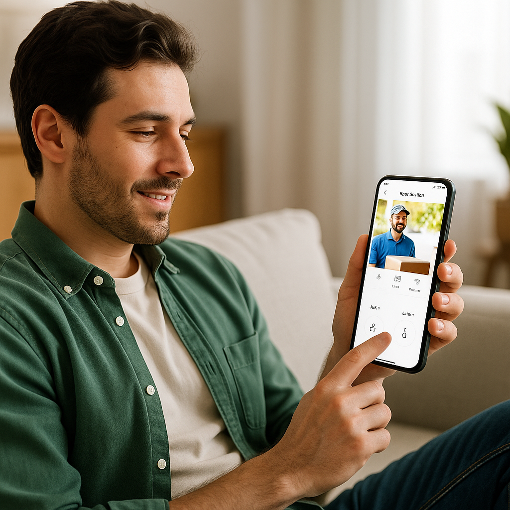 Uomo che visualizza un visitatore tramite smartphone